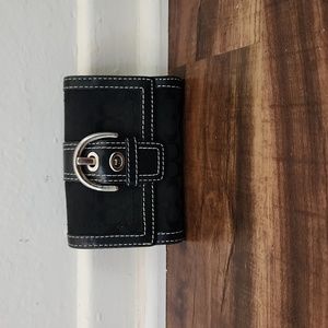 Coach Black Mongram Tri-Fold Wallet with Leather Border